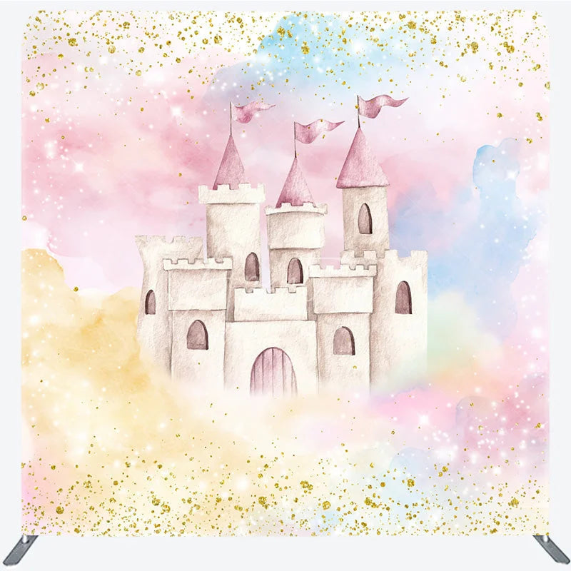 Aperturee - Aperturee Pink Princess Castle Tension Fabric Backdrop Gold Glitter Pastel Clouds Decor Fairytale Theme Background for Birthday