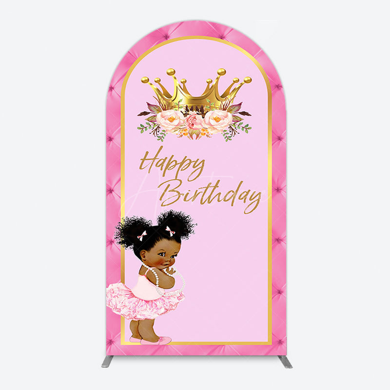 Aperturee - Aperturee Pink Princess Crown Floral Birthday Arch Backdrop