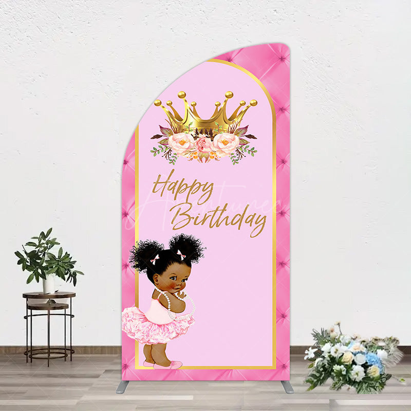 Aperturee - Aperturee Pink Princess Crown Floral Birthday Half Moon Arch Backdrop