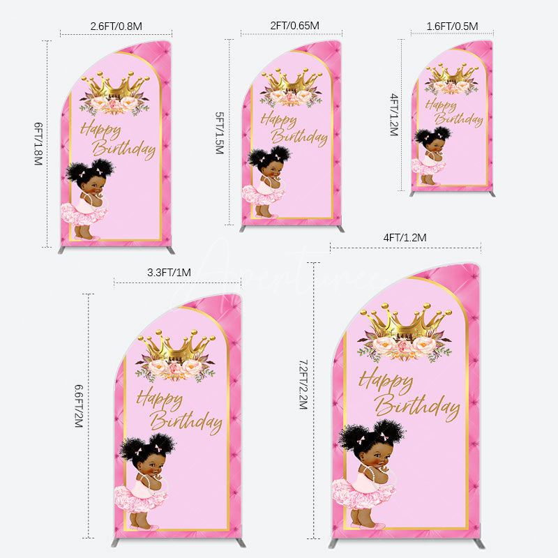 Aperturee - Aperturee Pink Princess Crown Floral Birthday Half Moon Arch Backdrop
