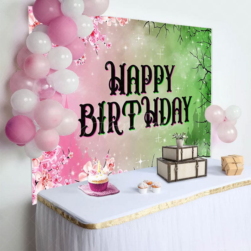 Aperturee - Aperturee Pink Princess Floral Green Wicked Birthday Backdrop