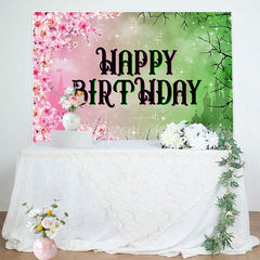 Aperturee - Aperturee Pink Princess Floral Green Wicked Birthday Backdrop