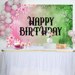 Aperturee - Aperturee Pink Princess Floral Green Wicked Birthday Backdrop