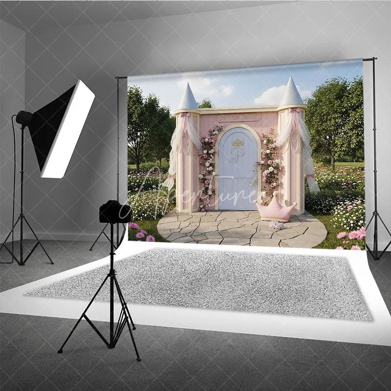 Aperturee - Aperturee Pink Princess Palace Photography Backdrop with Floral Roses and Golden Crown Fairytale Garden Birthday Party Decor