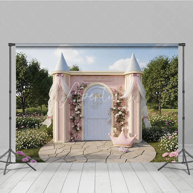 Aperturee - Aperturee Pink Princess Palace Photography Backdrop with Floral Roses and Golden Crown Fairytale Garden Birthday Party Decor