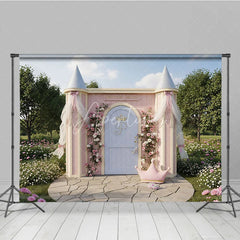 Aperturee - Aperturee Pink Princess Palace Photography Backdrop with Floral Roses and Golden Crown Fairytale Garden Birthday Party Decor