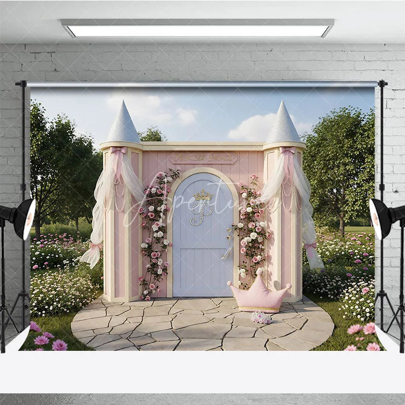 Aperturee - Aperturee Pink Princess Palace Photography Backdrop with Floral Roses and Golden Crown Fairytale Garden Birthday Party Decor