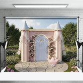 Aperturee - Aperturee Pink Princess Palace Photography Backdrop with Floral Roses and Golden Crown Fairytale Garden Birthday Party Decor