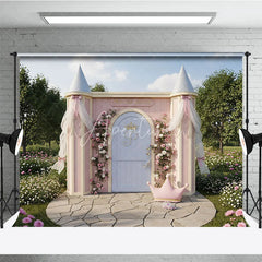 Aperturee - Aperturee Pink Princess Palace Photography Backdrop with Floral Roses and Golden Crown Fairytale Garden Birthday Party Decor