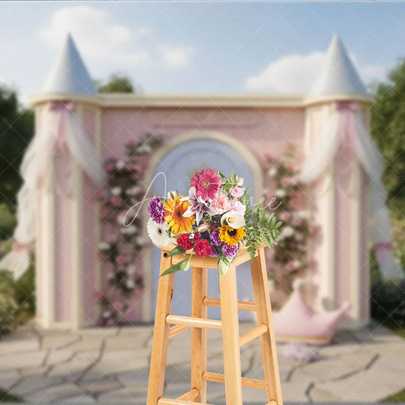 Aperturee - Aperturee Pink Princess Palace Photography Backdrop with Floral Roses and Golden Crown Fairytale Garden Birthday Party Decor