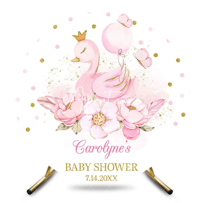 Aperturee - Aperturee Pink Princess Swan Floral Round Baby Shower Backdrop