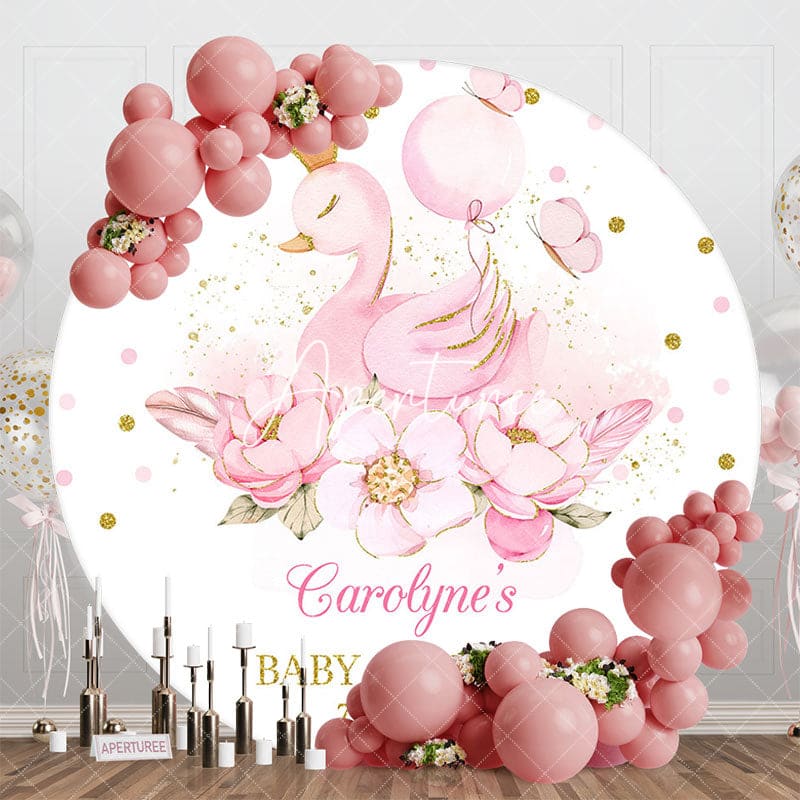 Aperturee - Aperturee Pink Princess Swan Floral Round Baby Shower Backdrop
