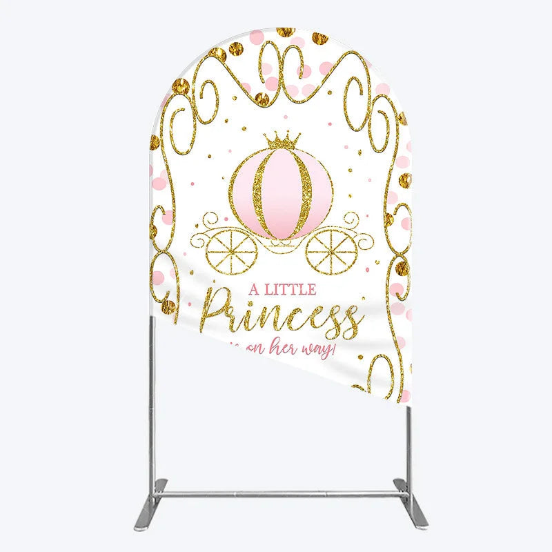Aperturee - Aperturee Pink Pumpkin Carriage Baby Shower Arch Backdrop Little Princess Party Decoration Royal Gold Glitter Background