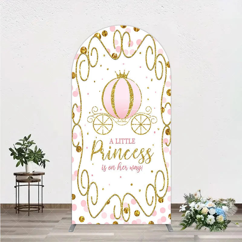 Aperturee - Aperturee Pink Pumpkin Carriage Baby Shower Arch Backdrop Little Princess Party Decoration Royal Gold Glitter Background