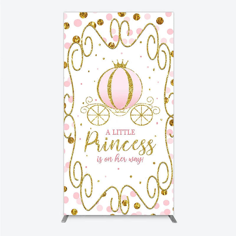 Aperturee - Aperturee Pink Pumpkin Carriage Baby Shower Rectangle Backdrop Little Princess Party Decoration Royal Gold Glitter Background