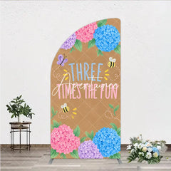 Aperturee - Aperturee Pink Purple Blue Hydrangea Half Moon Arch Backdrop with Three Times The Fun Text Butterfly and Bees for Birthday Party