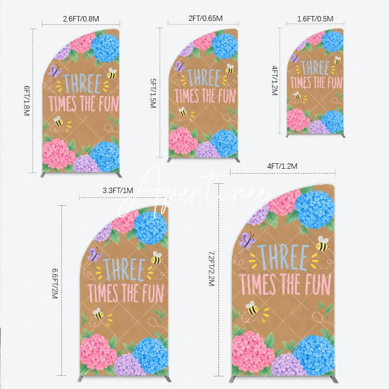 Aperturee - Aperturee Pink Purple Blue Hydrangea Half Moon Arch Backdrop with Three Times The Fun Text Butterfly and Bees for Birthday Party