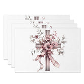 Aperturee - Aperturee Pink Purple Floral Cross Set of 4 Placemats Elegant Ribbon Religious Table Mats First Communion Easter Decoration