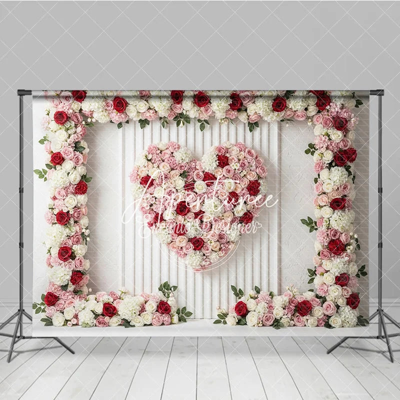 Aperturee - Aperturee Pink Red and White Floral Heart Photography Backdrop Romantic Rose and Hydrangea Paneled Wall Decor