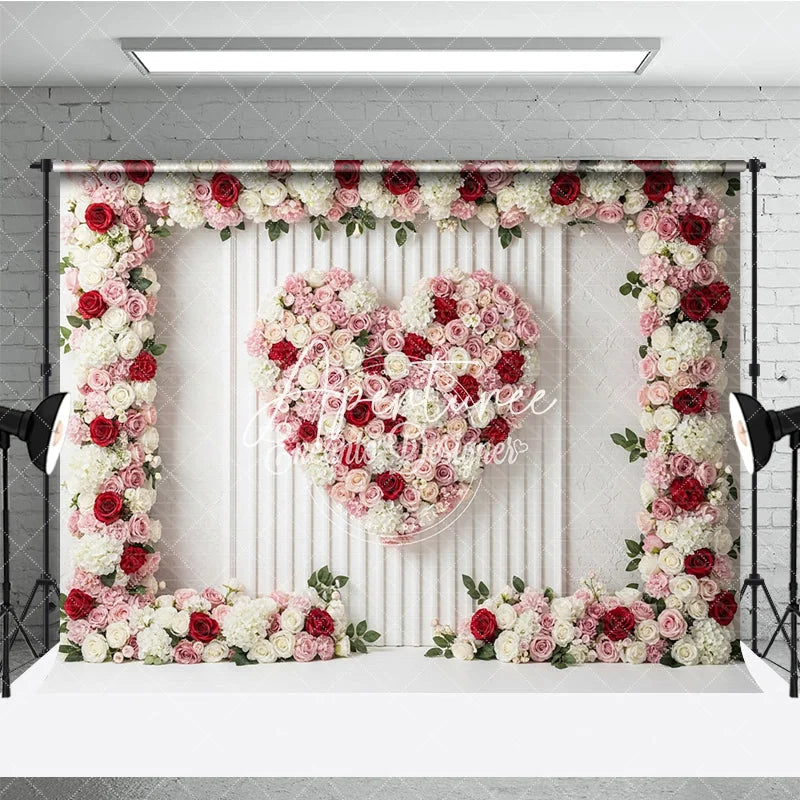 Aperturee - Aperturee Pink Red and White Floral Heart Photography Backdrop Romantic Rose and Hydrangea Paneled Wall Decor
