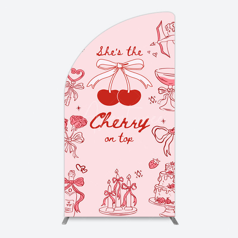 Aperturee - Aperturee Pink Red Cake Cherry On Top Bridal Shower Half Moon Arch Backdrop