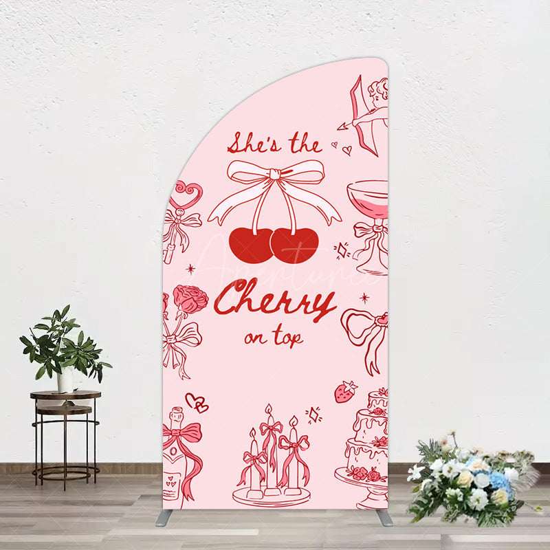 Aperturee - Aperturee Pink Red Cake Cherry On Top Bridal Shower Half Moon Arch Backdrop
