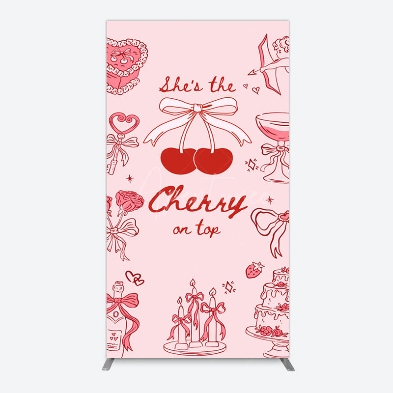 Aperturee - Aperturee Pink Red Cake Cherry On Top Bridal Shower Rectangle Backdrop