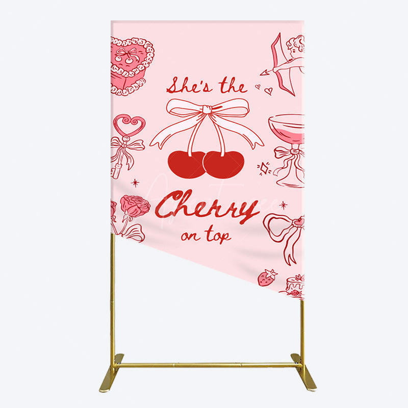 Aperturee - Aperturee Pink Red Cake Cherry On Top Bridal Shower Rectangle Backdrop