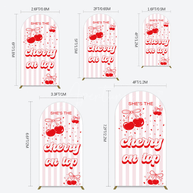 Aperturee - Aperturee Pink Red Cherry On Top Stripe Birthday Arch Backdrop