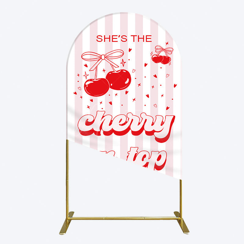 Aperturee - Aperturee Pink Red Cherry On Top Stripe Birthday Arch Backdrop