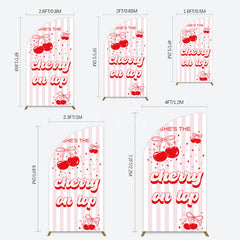 Aperturee - Aperturee Pink Red Cherry On Top Stripe Birthday Half Moon Arch Backdrop