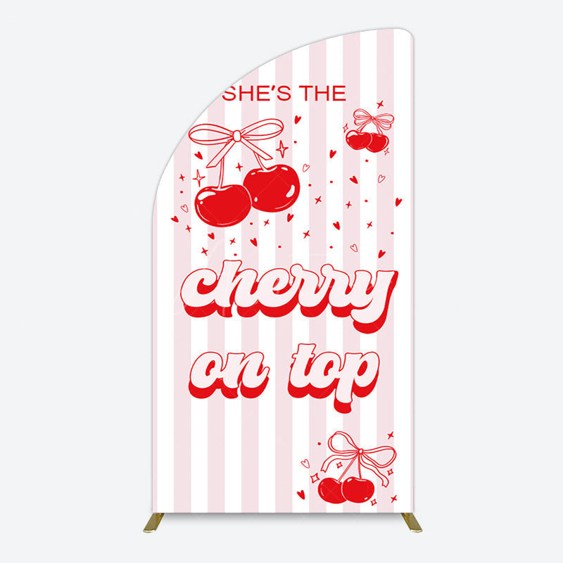 Aperturee - Aperturee Pink Red Cherry On Top Stripe Birthday Half Moon Arch Backdrop