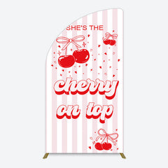 Aperturee - Aperturee Pink Red Cherry On Top Stripe Birthday Half Moon Arch Backdrop