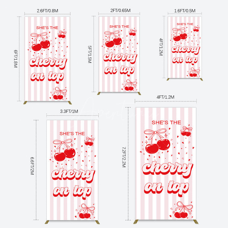 Aperturee - Aperturee Pink Red Cherry On Top Stripe Birthday Rectangle Backdrop
