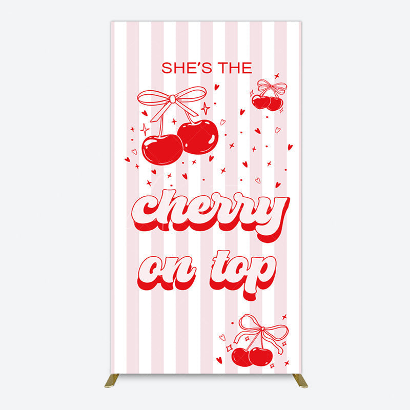 Aperturee - Aperturee Pink Red Cherry On Top Stripe Birthday Rectangle Backdrop