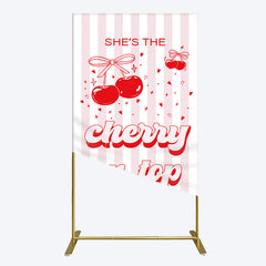 Aperturee - Aperturee Pink Red Cherry On Top Stripe Birthday Rectangle Backdrop