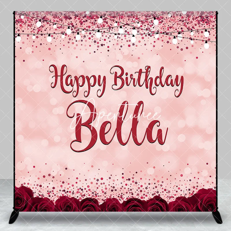 Aperturee - Aperturee Pink Red Glitter Rose Personalized Custom Birthday Backdrop Elegant Party Decor with Bokeh and String Lights