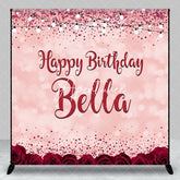Aperturee - Aperturee Pink Red Glitter Rose Personalized Custom Birthday Backdrop Elegant Party Decor with Bokeh and String Lights