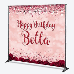 Aperturee - Aperturee Pink Red Glitter Rose Personalized Custom Birthday Backdrop Elegant Party Decor with Bokeh and String Lights