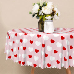 Aperturee - Aperturee Pink Red Heart Pattern Round Tablecloth Sweet Love Polka Dot Table Cover for Girls Party