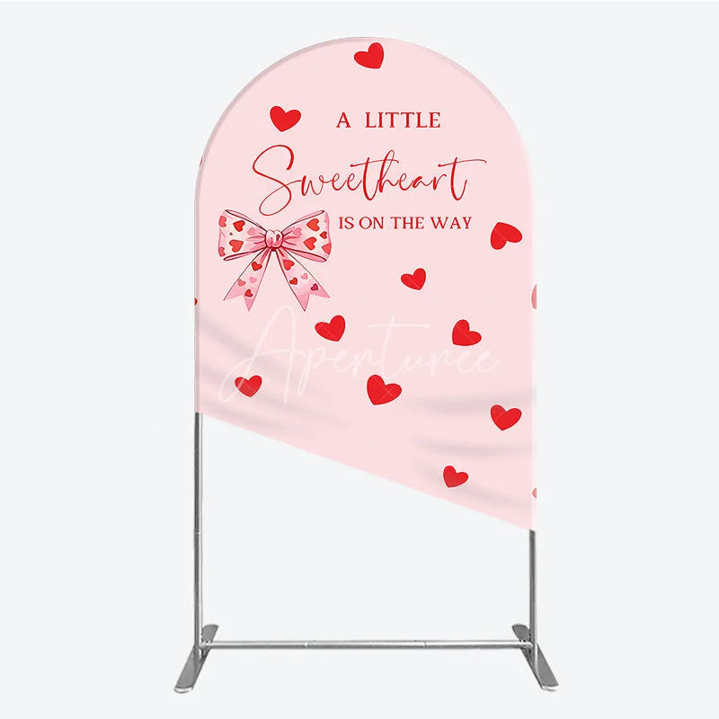 Aperturee - Aperturee Pink Red Hearts Bow Round Top Arch Backdrop Sweetheart Is On The Way Baby Shower Party Decor