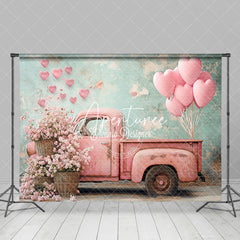 Aperturee - Aperturee Pink Retro Truck Shabby Green Wall Floral Backdrop