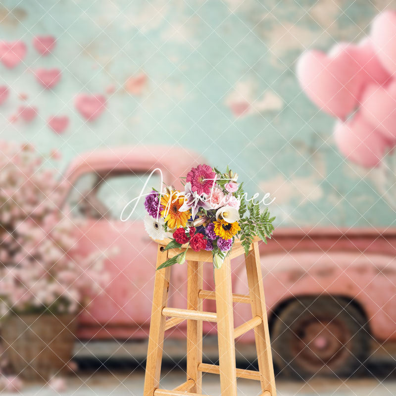 Aperturee - Aperturee Pink Retro Truck Shabby Green Wall Floral Backdrop