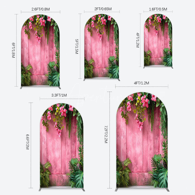 Aperturee - Aperturee Pink Retro Wooden Wall Greenery Floral Arch Backdrop