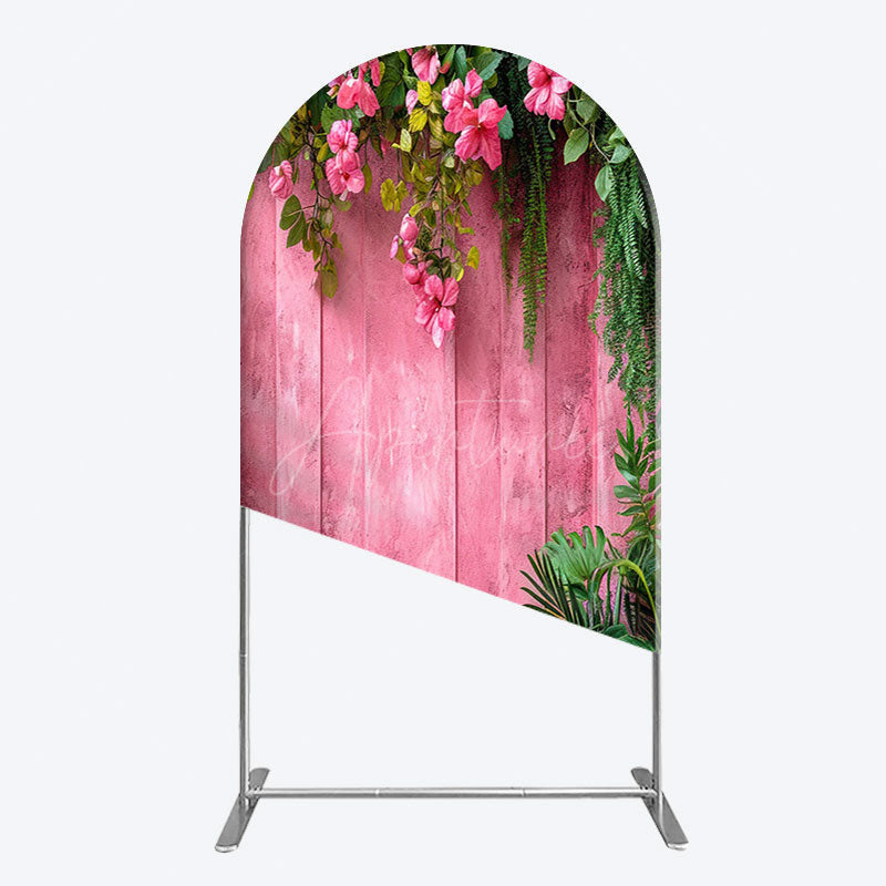Aperturee - Aperturee Pink Retro Wooden Wall Greenery Floral Arch Backdrop
