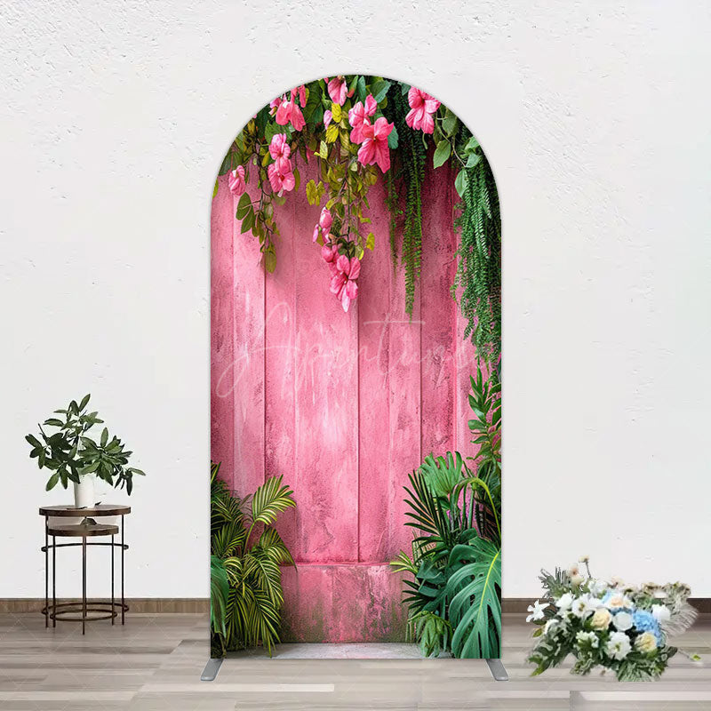 Aperturee - Aperturee Pink Retro Wooden Wall Greenery Floral Arch Backdrop