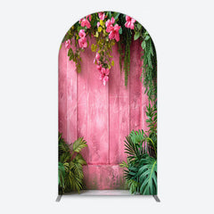 Aperturee - Aperturee Pink Retro Wooden Wall Greenery Floral Arch Backdrop