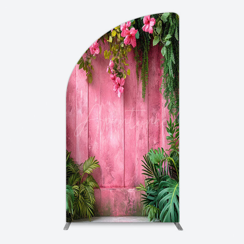 Aperturee - Aperturee Pink Retro Wooden Wall Greenery Floral Half Moon Arch Backdrop