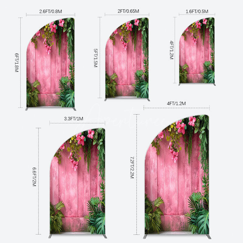 Aperturee - Aperturee Pink Retro Wooden Wall Greenery Floral Half Moon Arch Backdrop