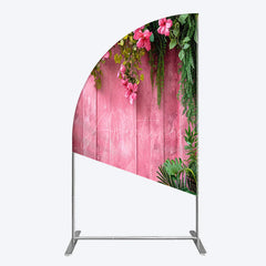 Aperturee - Aperturee Pink Retro Wooden Wall Greenery Floral Half Moon Arch Backdrop